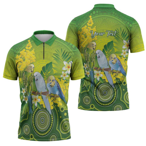 Personalised Budgerigar Australia and Golden Wattle Zipper Polo Shirt Budgie Aboriginal Art - Aussie Hoodie