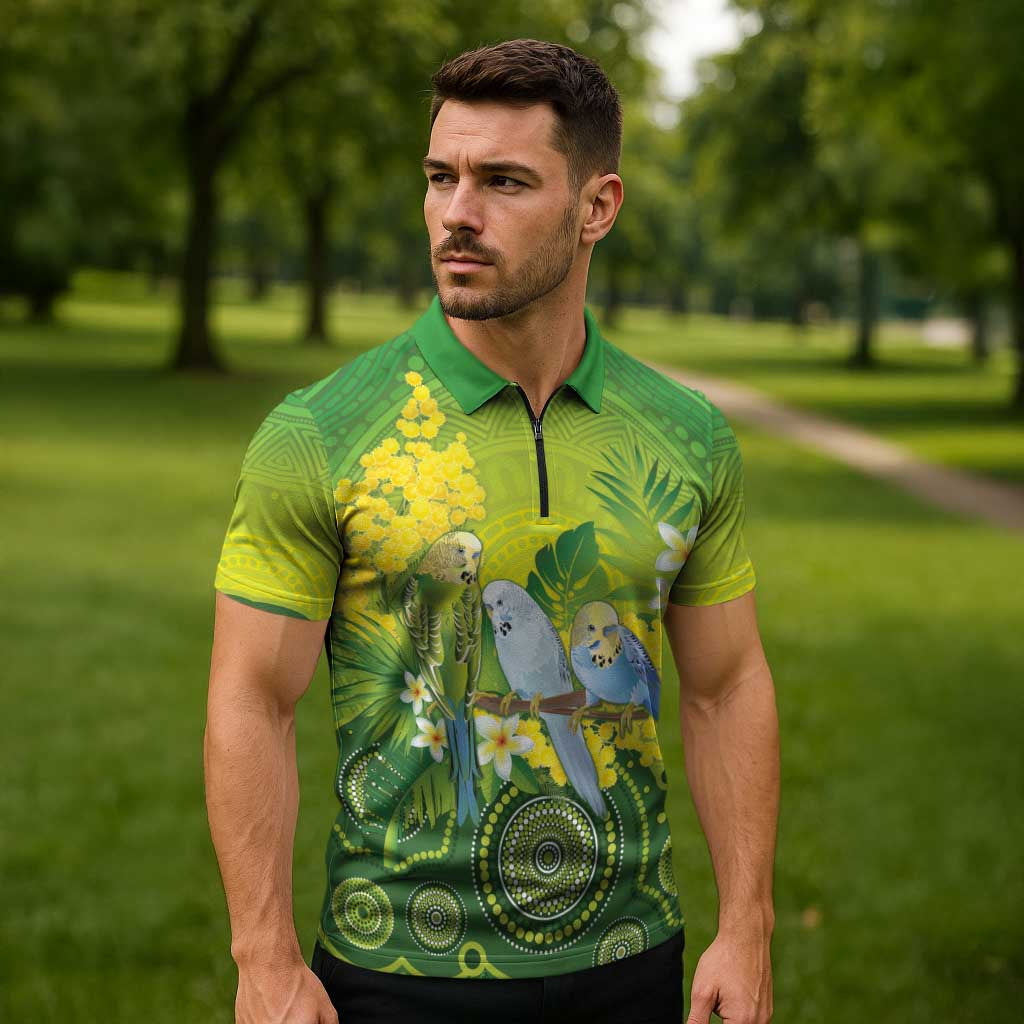 Personalised Budgerigar Australia and Golden Wattle Zipper Polo Shirt Budgie Aboriginal Art - Aussie Hoodie