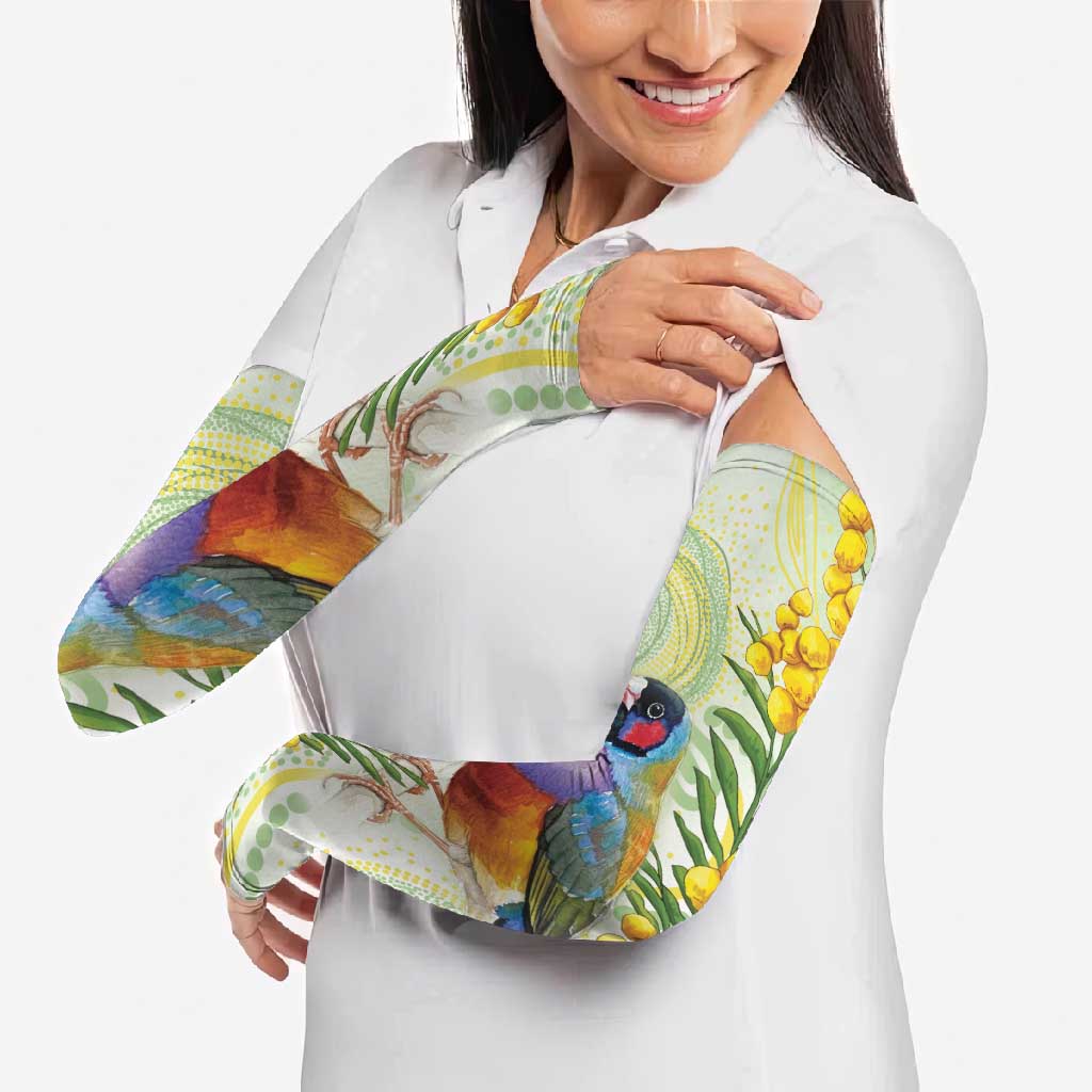 Gouldian Finch Golden Wattle Australia Arm Sleeves Aboriginal Watercolor Style - Aussie Hoodie