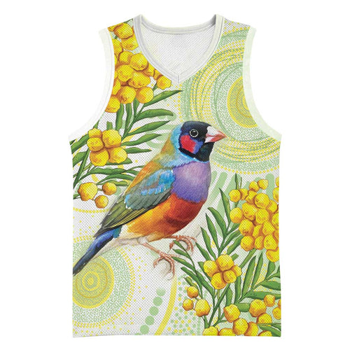 Gouldian Finch Golden Wattle Australia Basketball Jersey Aboriginal Watercolor Style - Aussie Hoodie