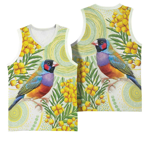 Gouldian Finch Golden Wattle Australia Basketball Jersey Aboriginal Watercolor Style - Aussie Hoodie