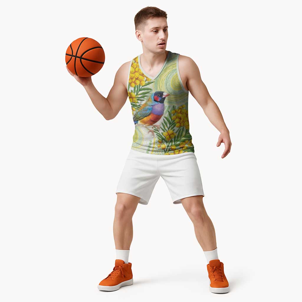 Gouldian Finch Golden Wattle Australia Basketball Jersey Aboriginal Watercolor Style - Aussie Hoodie