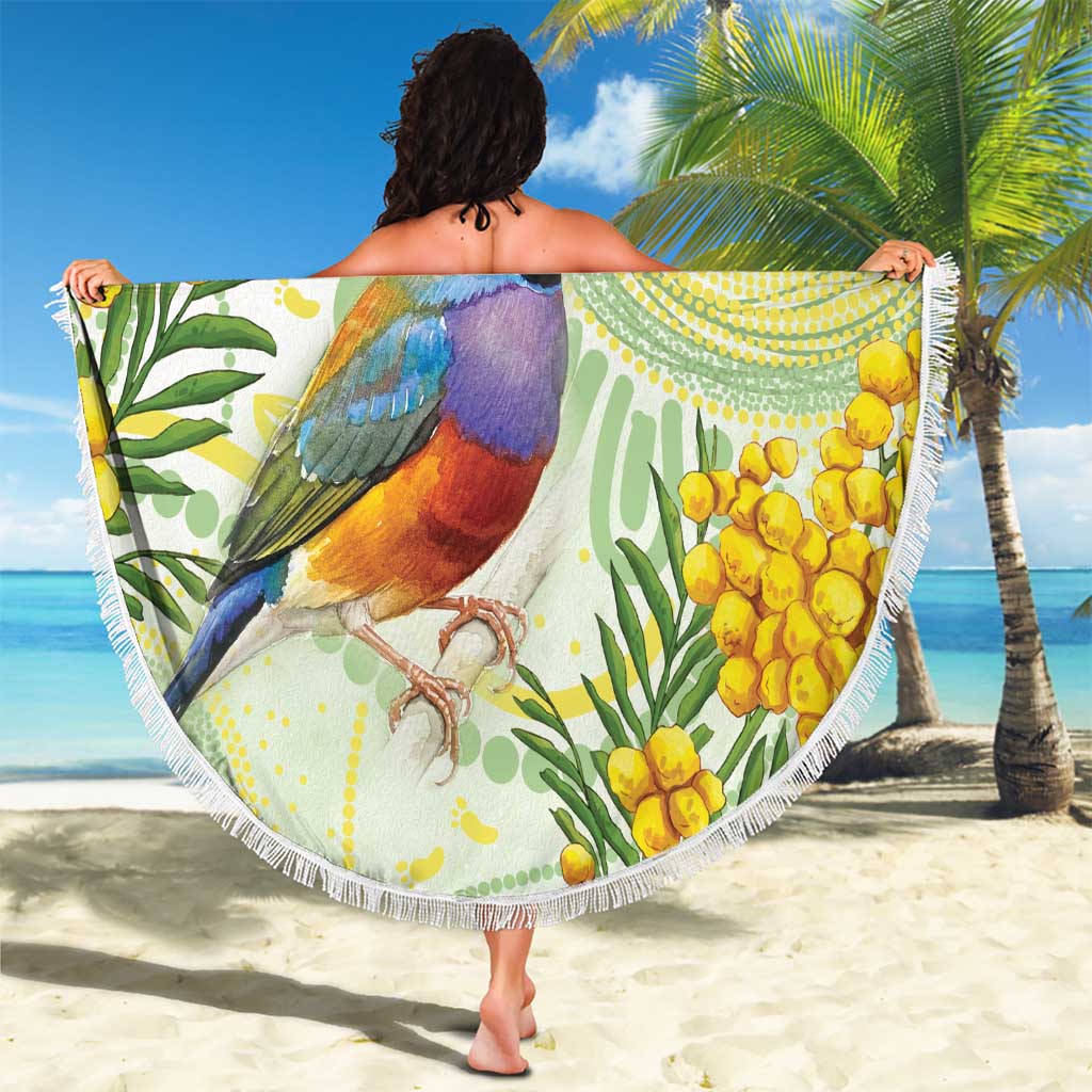 Gouldian Finch Golden Wattle Australia Beach Blanket Aboriginal Watercolor Style