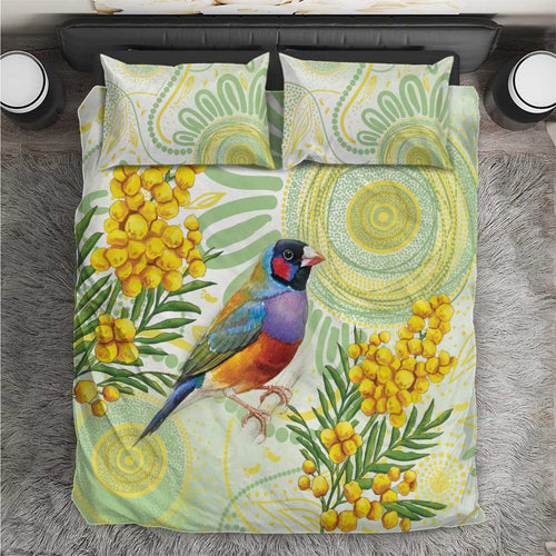 Gouldian Finch Golden Wattle Australia Bedding Set Aboriginal Watercolor Style