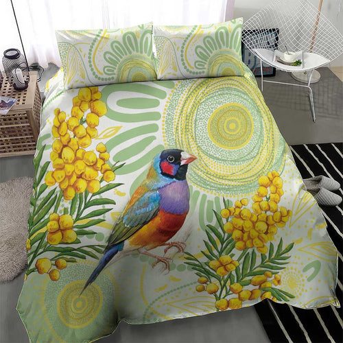 Gouldian Finch Golden Wattle Australia Bedding Set Aboriginal Watercolor Style