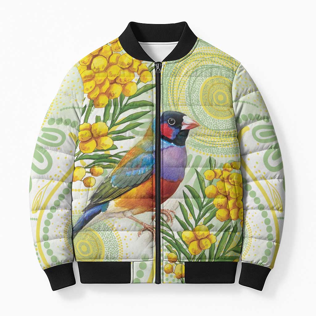 Gouldian Finch Golden Wattle Australia Bomber Puffer Jacket Aboriginal Watercolor Style - Aussie Hoodie