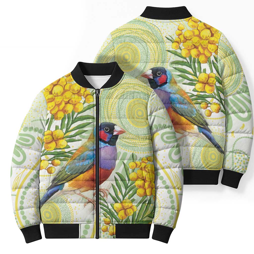 Gouldian Finch Golden Wattle Australia Bomber Puffer Jacket Aboriginal Watercolor Style - Aussie Hoodie