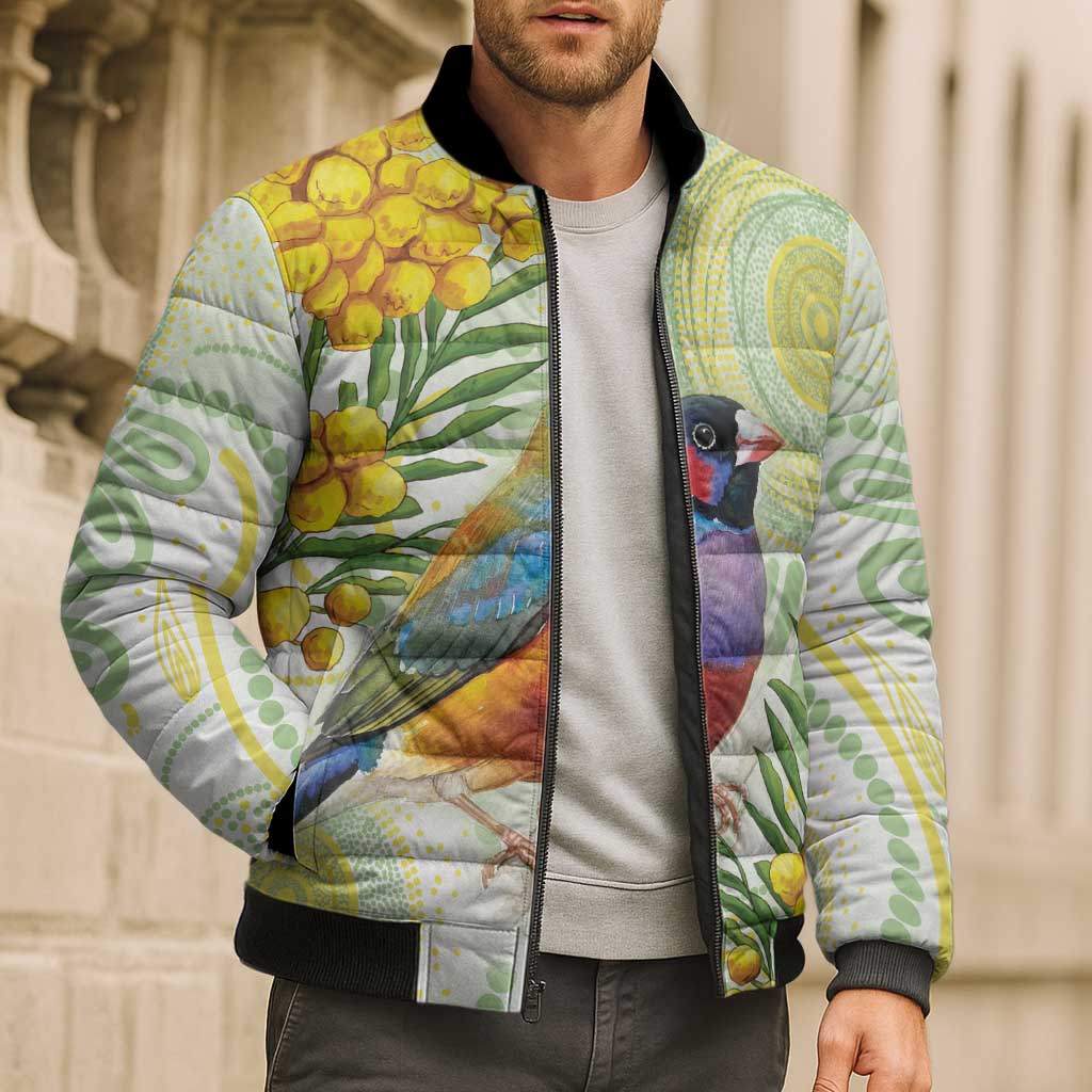 Gouldian Finch Golden Wattle Australia Bomber Puffer Jacket Aboriginal Watercolor Style - Aussie Hoodie