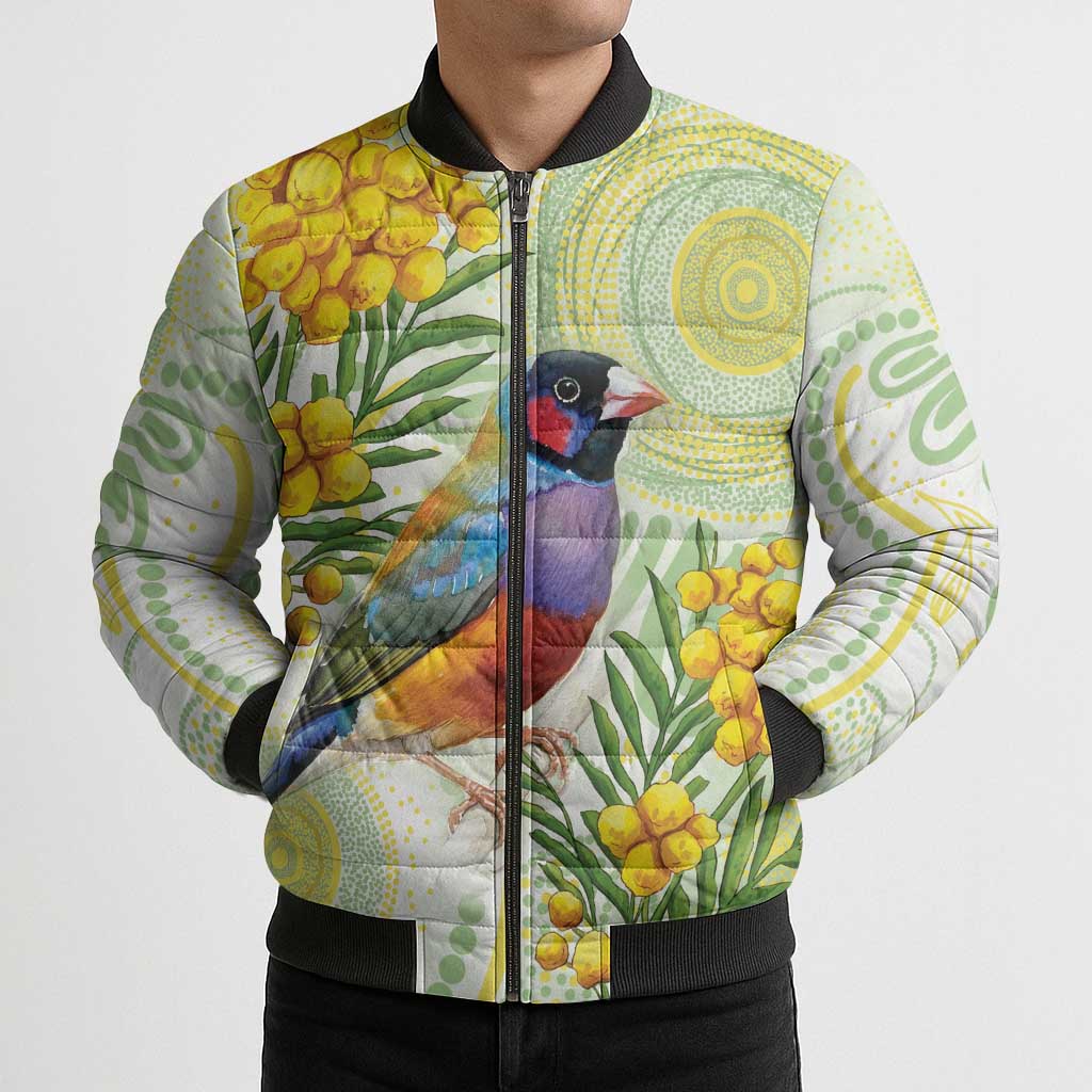 Gouldian Finch Golden Wattle Australia Bomber Puffer Jacket Aboriginal Watercolor Style - Aussie Hoodie
