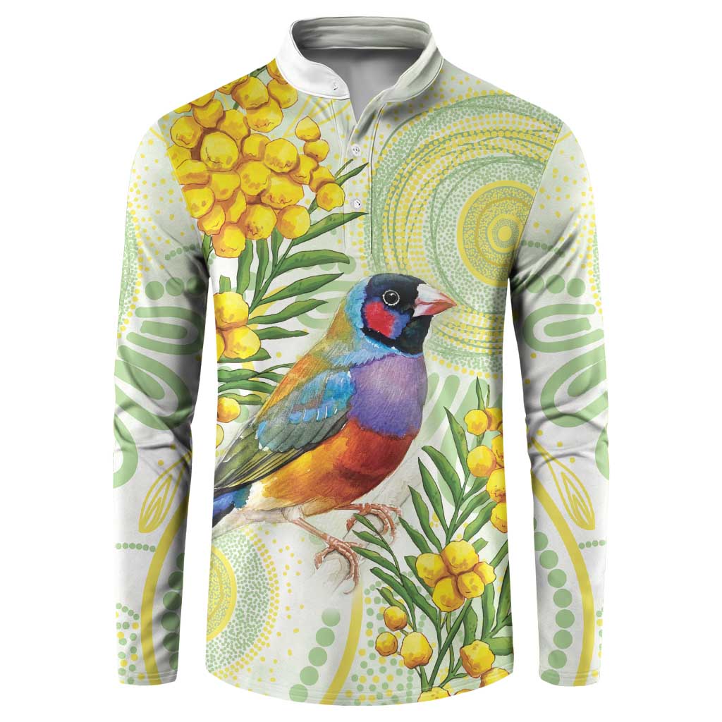 Gouldian Finch Golden Wattle Australia Button Sweatshirt Aboriginal Watercolor Style