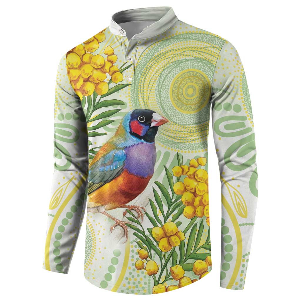 Gouldian Finch Golden Wattle Australia Button Sweatshirt Aboriginal Watercolor Style