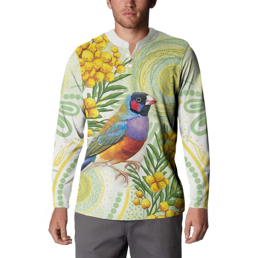Gouldian Finch Golden Wattle Australia Button Sweatshirt Aboriginal Watercolor Style