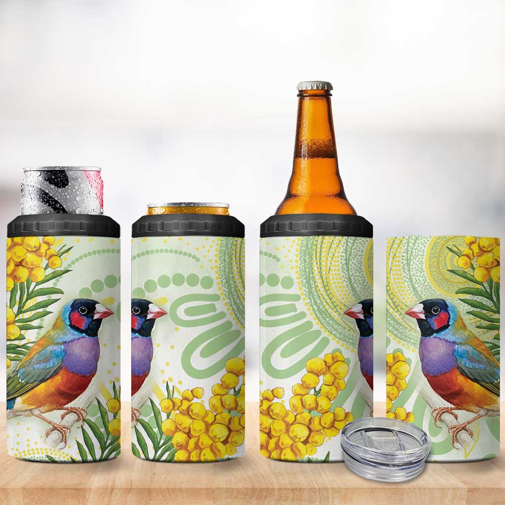 Gouldian Finch Golden Wattle Australia 4 in 1 Can Cooler Tumbler Aboriginal Watercolor Style
