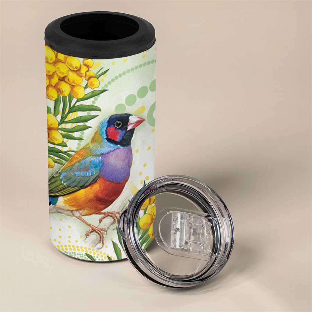 Gouldian Finch Golden Wattle Australia 4 in 1 Can Cooler Tumbler Aboriginal Watercolor Style