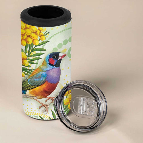 Gouldian Finch Golden Wattle Australia 4 in 1 Can Cooler Tumbler Aboriginal Watercolor Style