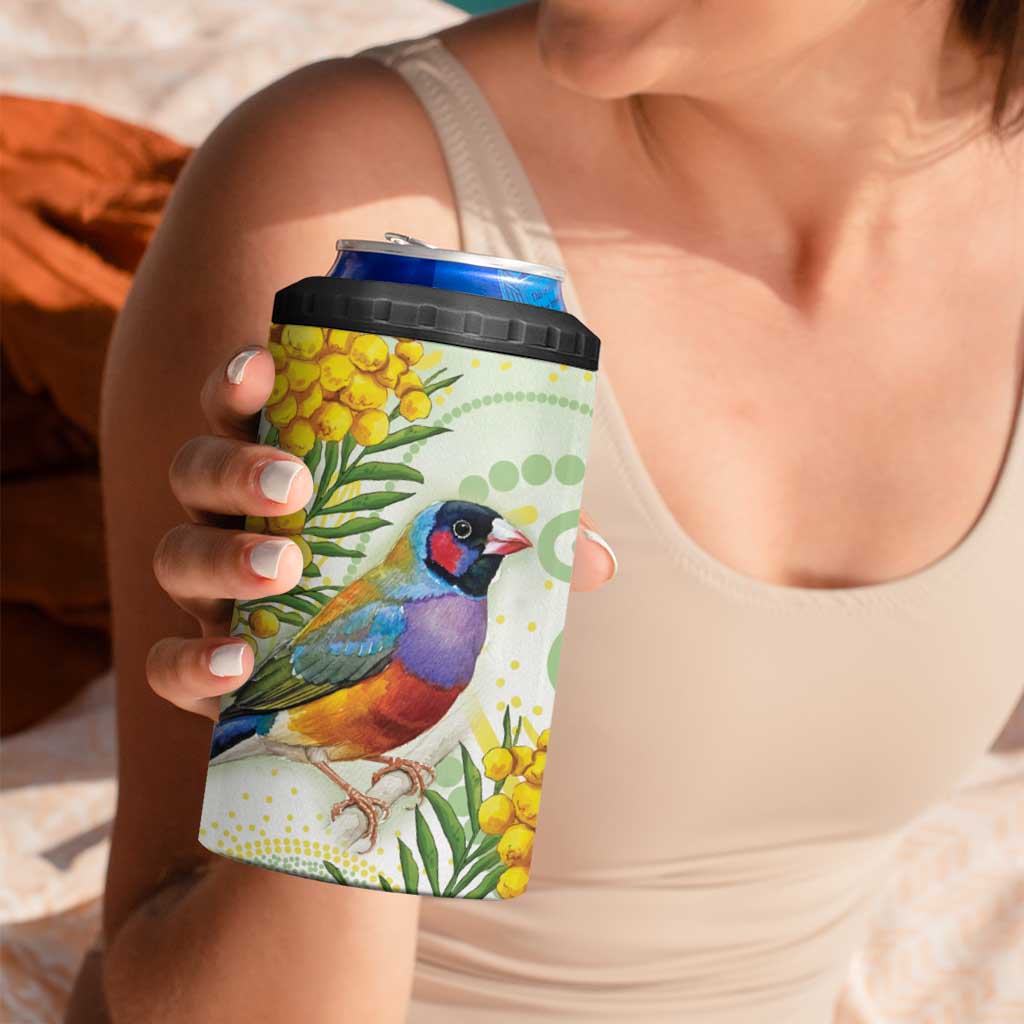 Gouldian Finch Golden Wattle Australia 4 in 1 Can Cooler Tumbler Aboriginal Watercolor Style