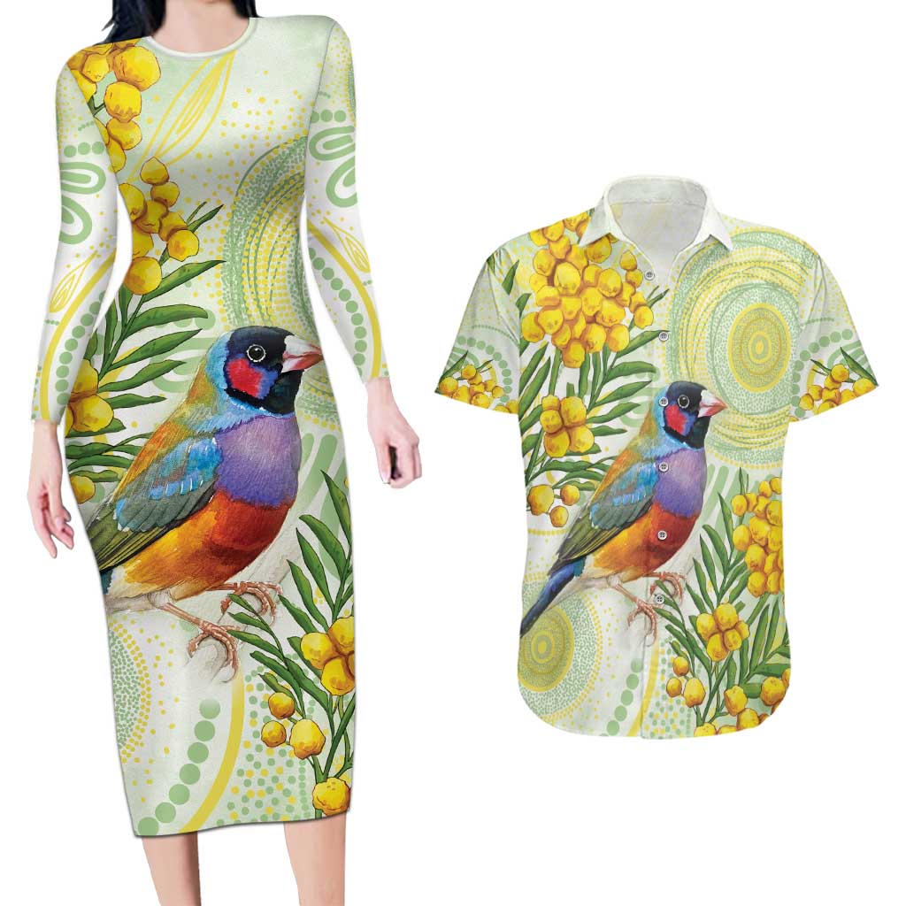 Gouldian Finch Golden Wattle Australia Couples Matching Long Sleeve Bodycon Dress and Hawaiian Shirt Aboriginal Watercolor Style