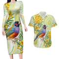Gouldian Finch Golden Wattle Australia Couples Matching Long Sleeve Bodycon Dress and Hawaiian Shirt Aboriginal Watercolor Style