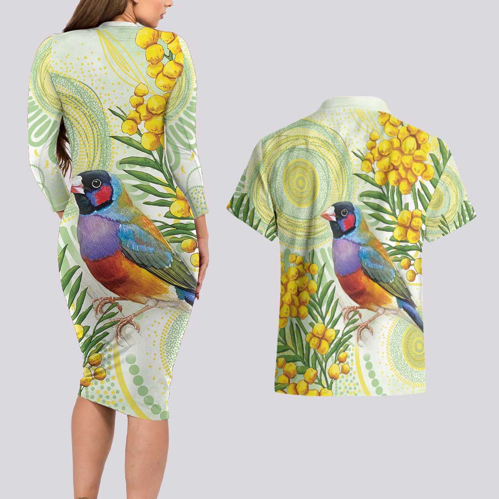 Gouldian Finch Golden Wattle Australia Couples Matching Long Sleeve Bodycon Dress and Hawaiian Shirt Aboriginal Watercolor Style