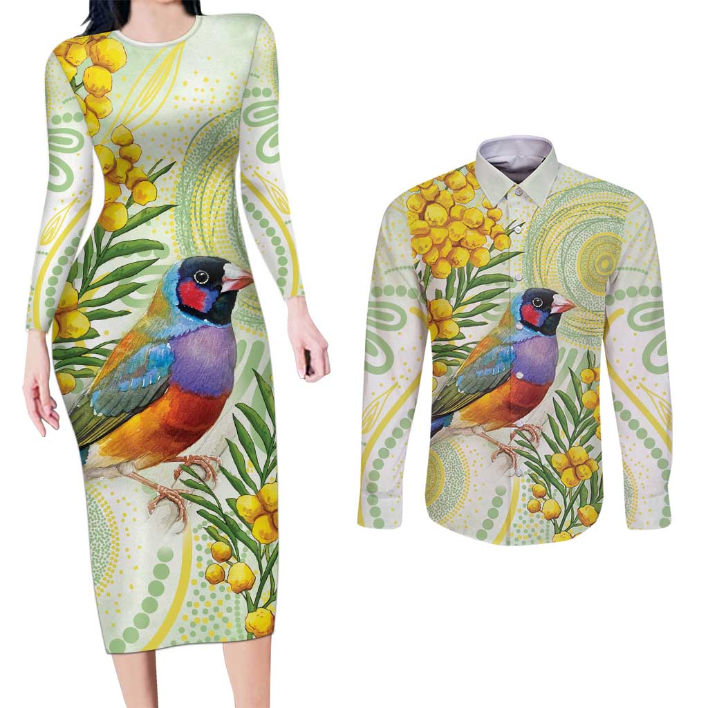 Gouldian Finch Golden Wattle Australia Couples Matching Long Sleeve Bodycon Dress and Long Sleeve Button Shirt Aboriginal Watercolor Style