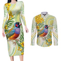 Gouldian Finch Golden Wattle Australia Couples Matching Long Sleeve Bodycon Dress and Long Sleeve Button Shirt Aboriginal Watercolor Style