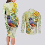 Gouldian Finch Golden Wattle Australia Couples Matching Long Sleeve Bodycon Dress and Long Sleeve Button Shirt Aboriginal Watercolor Style