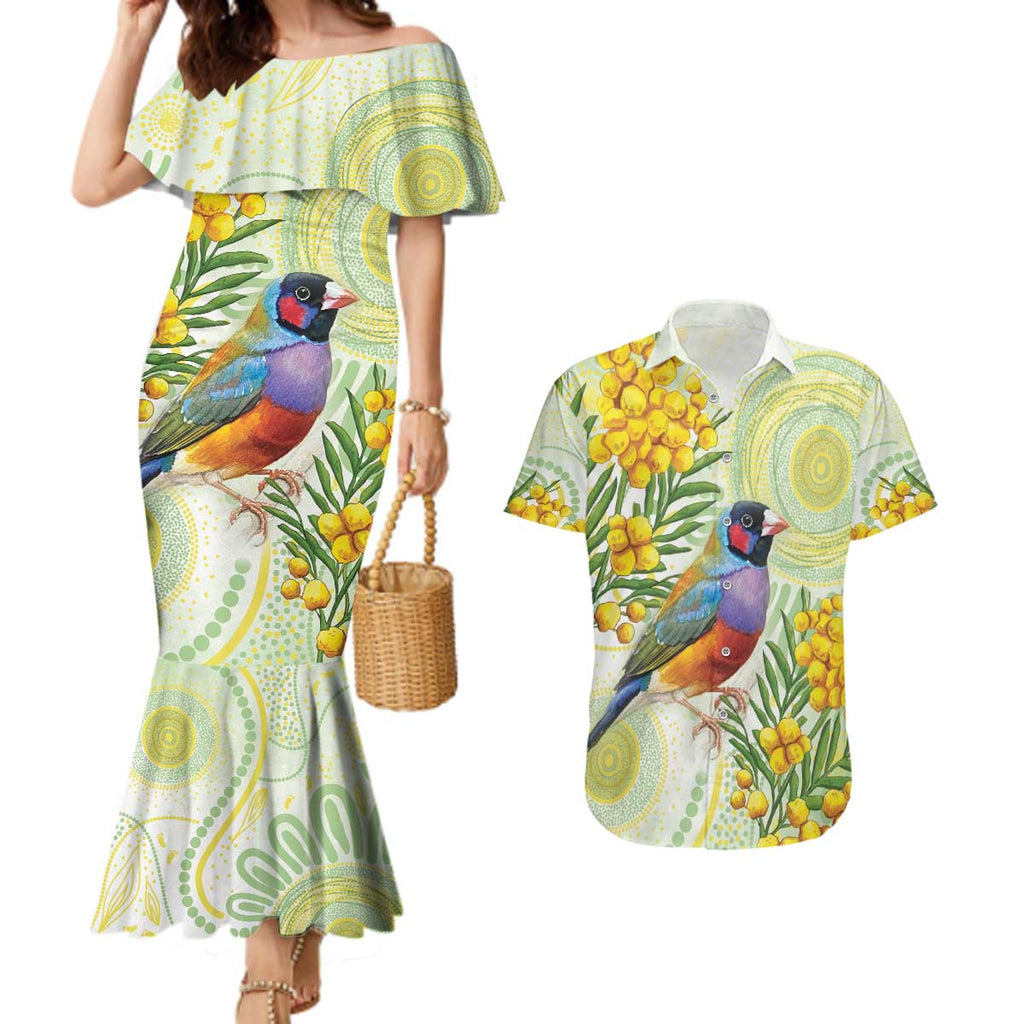 Gouldian Finch Golden Wattle Australia Couples Matching Mermaid Dress and Hawaiian Shirt Aboriginal Watercolor Style