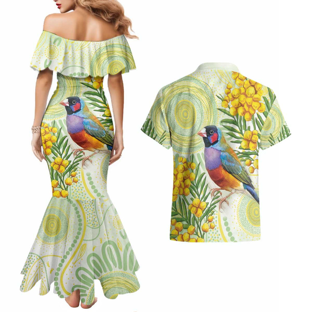 Gouldian Finch Golden Wattle Australia Couples Matching Mermaid Dress and Hawaiian Shirt Aboriginal Watercolor Style