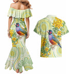 Gouldian Finch Golden Wattle Australia Couples Matching Mermaid Dress and Hawaiian Shirt Aboriginal Watercolor Style