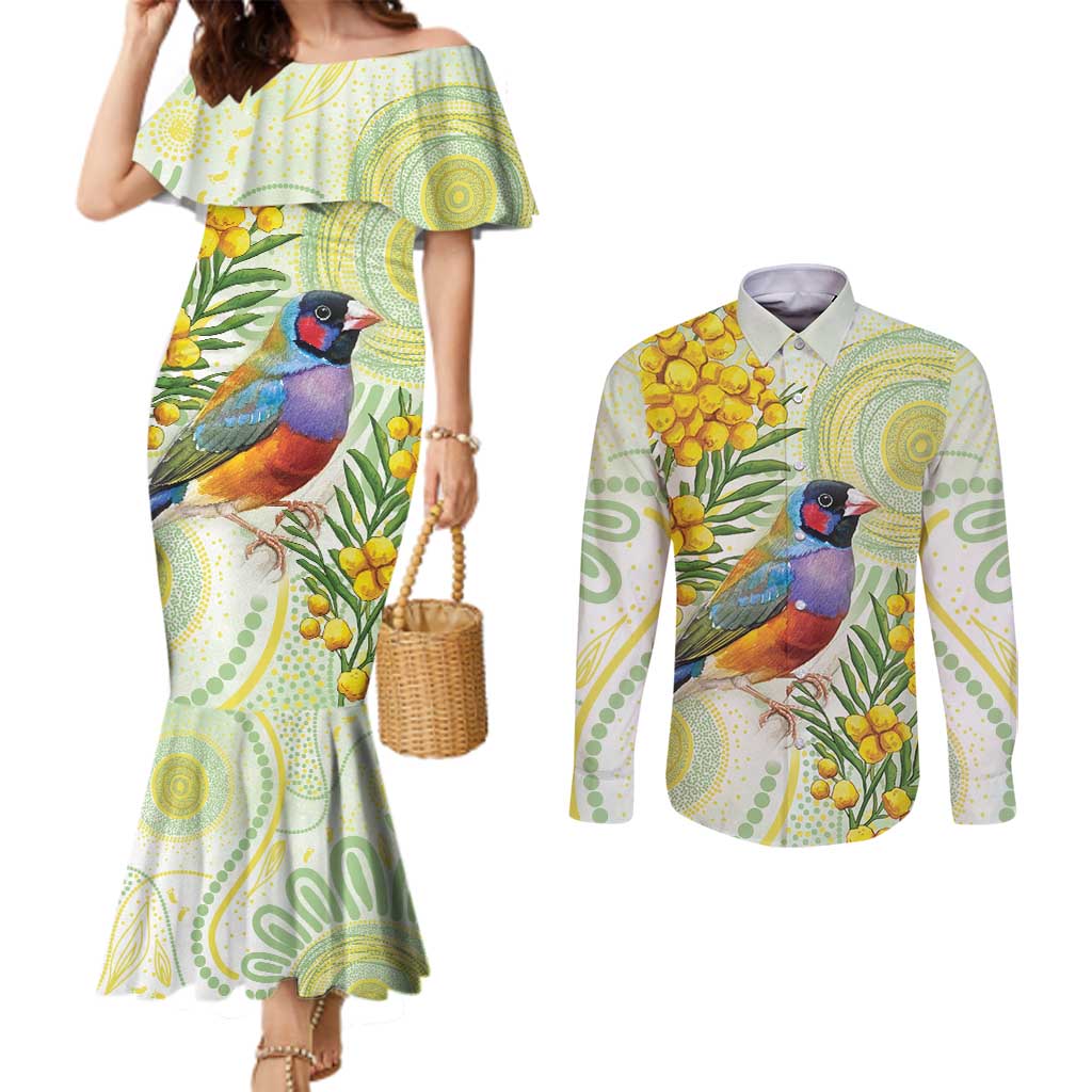 Gouldian Finch Golden Wattle Australia Couples Matching Mermaid Dress and Long Sleeve Button Shirt Aboriginal Watercolor Style