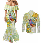 Gouldian Finch Golden Wattle Australia Couples Matching Mermaid Dress and Long Sleeve Button Shirt Aboriginal Watercolor Style