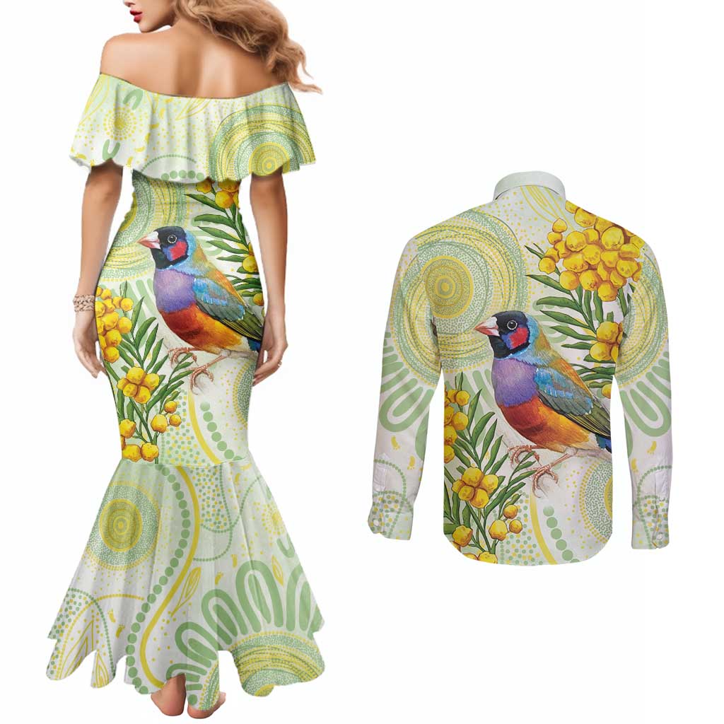 Gouldian Finch Golden Wattle Australia Couples Matching Mermaid Dress and Long Sleeve Button Shirt Aboriginal Watercolor Style