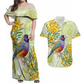 Gouldian Finch Golden Wattle Australia Couples Matching Off Shoulder Maxi Dress and Hawaiian Shirt Aboriginal Watercolor Style