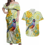 Gouldian Finch Golden Wattle Australia Couples Matching Off Shoulder Maxi Dress and Hawaiian Shirt Aboriginal Watercolor Style