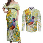 Gouldian Finch Golden Wattle Australia Couples Matching Off Shoulder Maxi Dress and Long Sleeve Button Shirt Aboriginal Watercolor Style