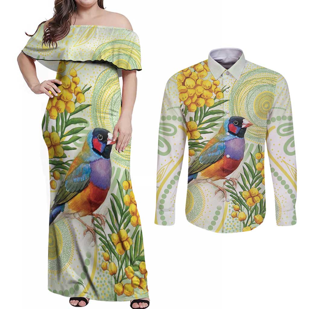 Gouldian Finch Golden Wattle Australia Couples Matching Off Shoulder Maxi Dress and Long Sleeve Button Shirt Aboriginal Watercolor Style