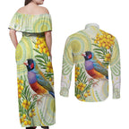 Gouldian Finch Golden Wattle Australia Couples Matching Off Shoulder Maxi Dress and Long Sleeve Button Shirt Aboriginal Watercolor Style