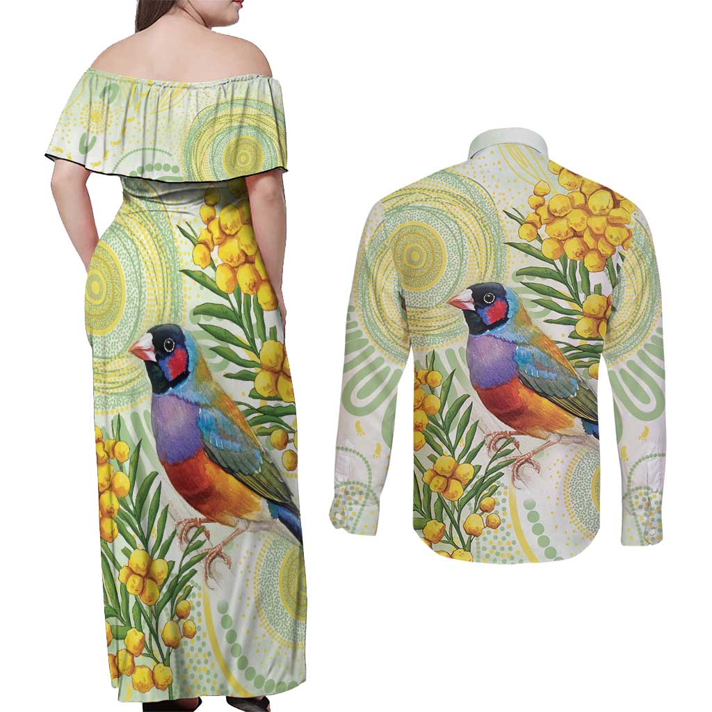 Gouldian Finch Golden Wattle Australia Couples Matching Off Shoulder Maxi Dress and Long Sleeve Button Shirt Aboriginal Watercolor Style