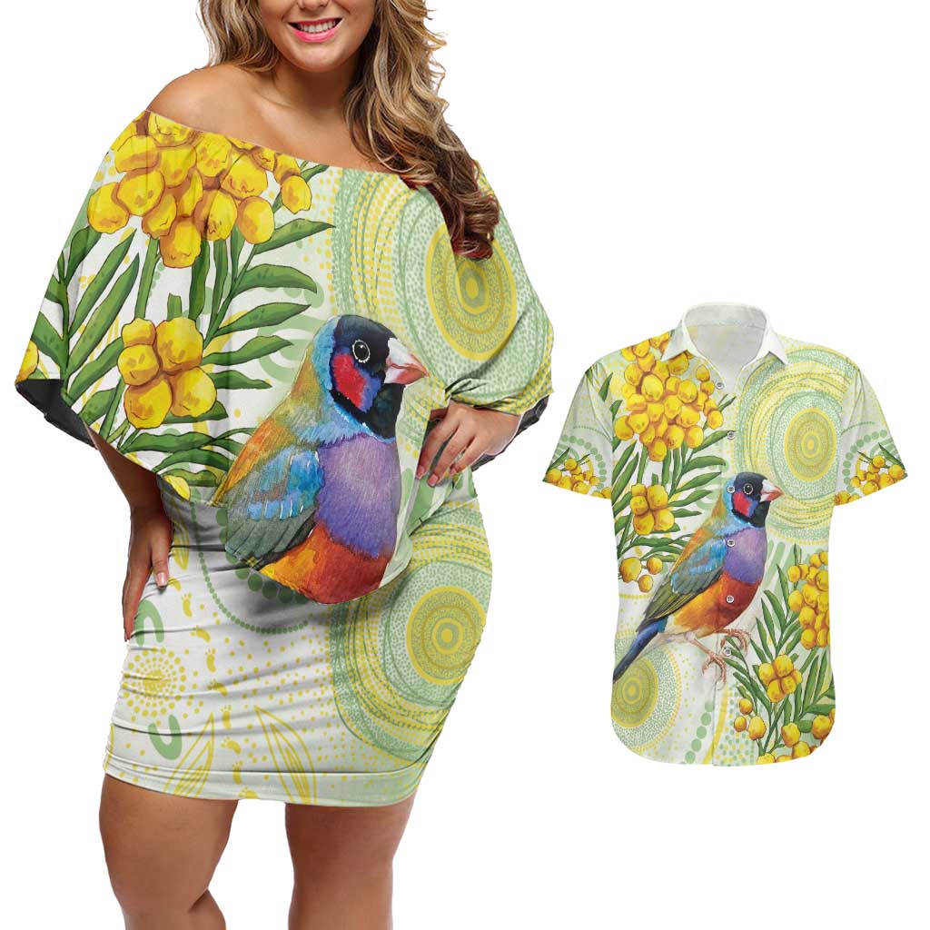 Gouldian Finch Golden Wattle Australia Couples Matching Off Shoulder Short Dress and Hawaiian Shirt Aboriginal Watercolor Style