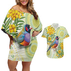 Gouldian Finch Golden Wattle Australia Couples Matching Off Shoulder Short Dress and Hawaiian Shirt Aboriginal Watercolor Style
