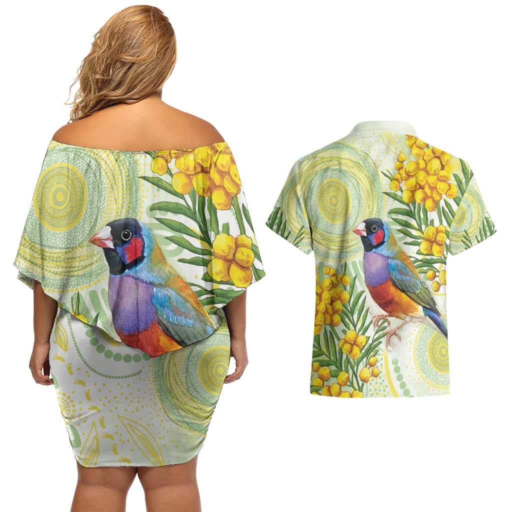 Gouldian Finch Golden Wattle Australia Couples Matching Off Shoulder Short Dress and Hawaiian Shirt Aboriginal Watercolor Style