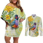 Gouldian Finch Golden Wattle Australia Couples Matching Off Shoulder Short Dress and Long Sleeve Button Shirt Aboriginal Watercolor Style