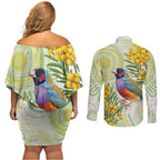 Gouldian Finch Golden Wattle Australia Couples Matching Off Shoulder Short Dress and Long Sleeve Button Shirt Aboriginal Watercolor Style