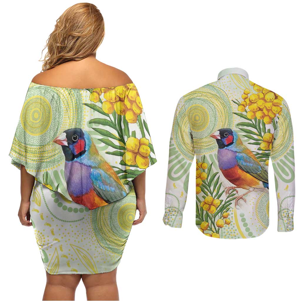 Gouldian Finch Golden Wattle Australia Couples Matching Off Shoulder Short Dress and Long Sleeve Button Shirt Aboriginal Watercolor Style