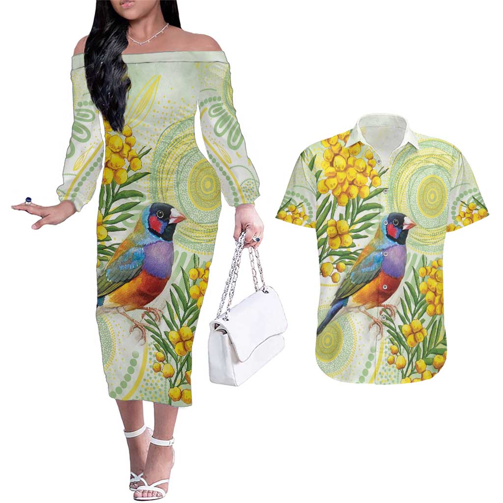 Gouldian Finch Golden Wattle Australia Couples Matching Off The Shoulder Long Sleeve Dress and Hawaiian Shirt Aboriginal Watercolor Style