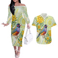 Gouldian Finch Golden Wattle Australia Couples Matching Off The Shoulder Long Sleeve Dress and Hawaiian Shirt Aboriginal Watercolor Style