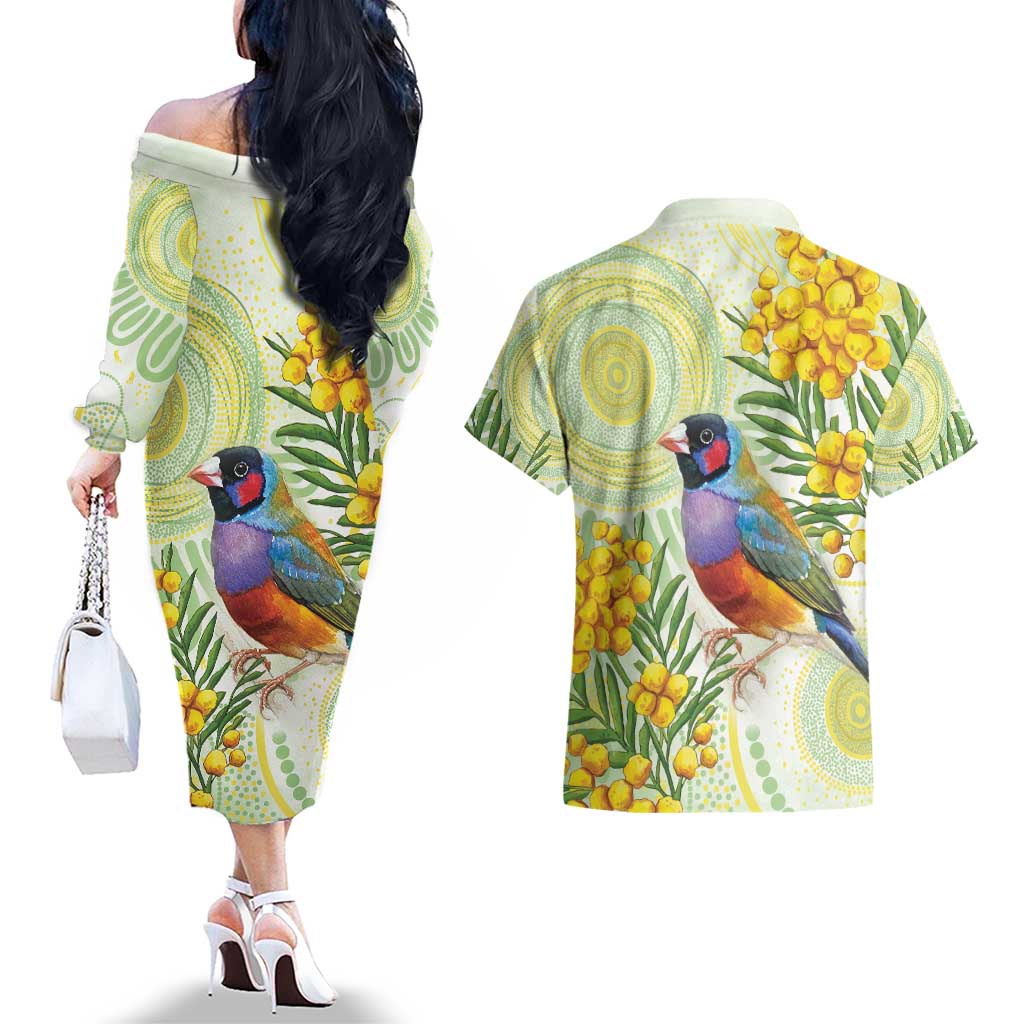 Gouldian Finch Golden Wattle Australia Couples Matching Off The Shoulder Long Sleeve Dress and Hawaiian Shirt Aboriginal Watercolor Style