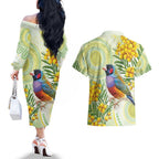 Gouldian Finch Golden Wattle Australia Couples Matching Off The Shoulder Long Sleeve Dress and Hawaiian Shirt Aboriginal Watercolor Style