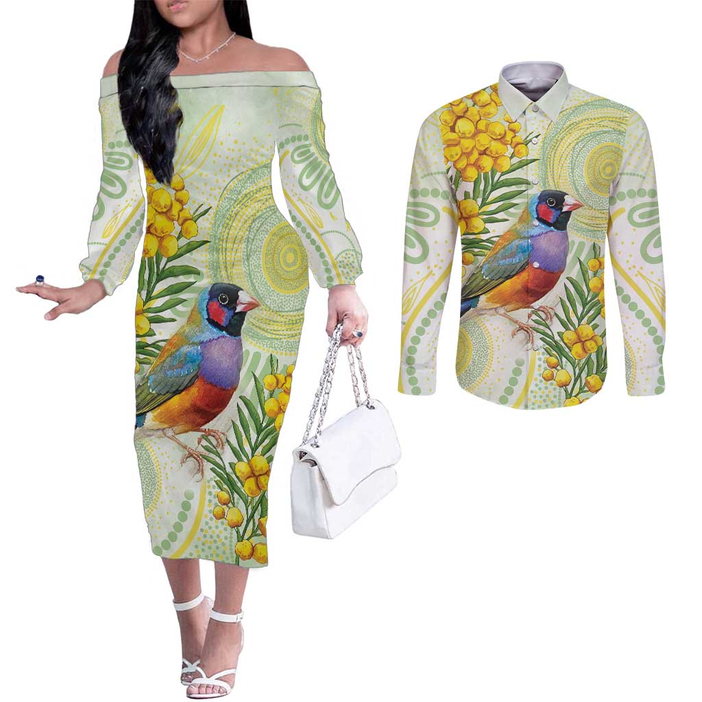 Gouldian Finch Golden Wattle Australia Couples Matching Off The Shoulder Long Sleeve Dress and Long Sleeve Button Shirt Aboriginal Watercolor Style