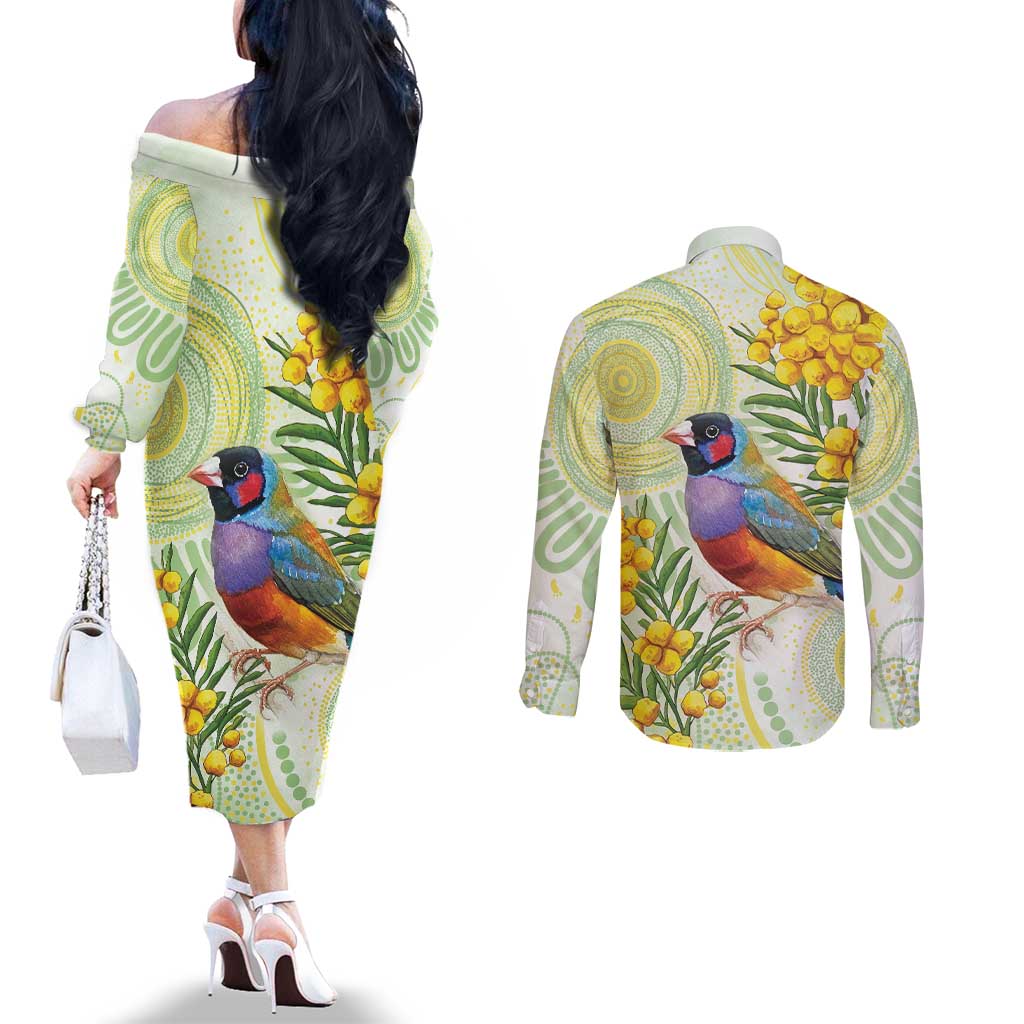 Gouldian Finch Golden Wattle Australia Couples Matching Off The Shoulder Long Sleeve Dress and Long Sleeve Button Shirt Aboriginal Watercolor Style